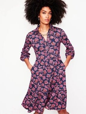 Boden Jemima Tiered Jersey Dress US 6P Navy Pink Floral Long Sleeve Modal Cotton